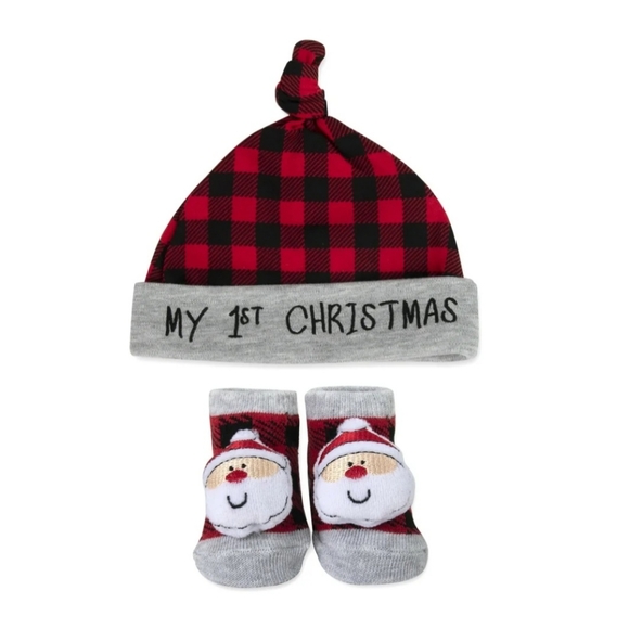 🧑‍🎄Baby Essentials My First Christmas Hat/Socks Set 0-6 Mo Buffalo Plaid🧑‍🎄 - Picture 1 of 6